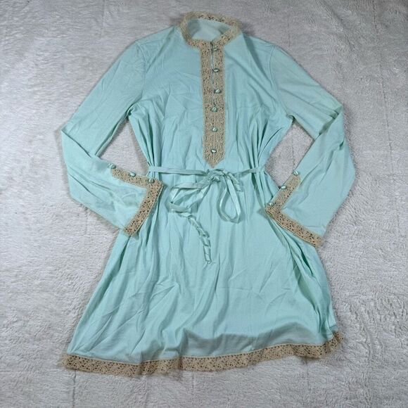 Vintage 70s Turquoise Lace High Neck Women’s Button Up Mini Dress - Picture 1 of 7